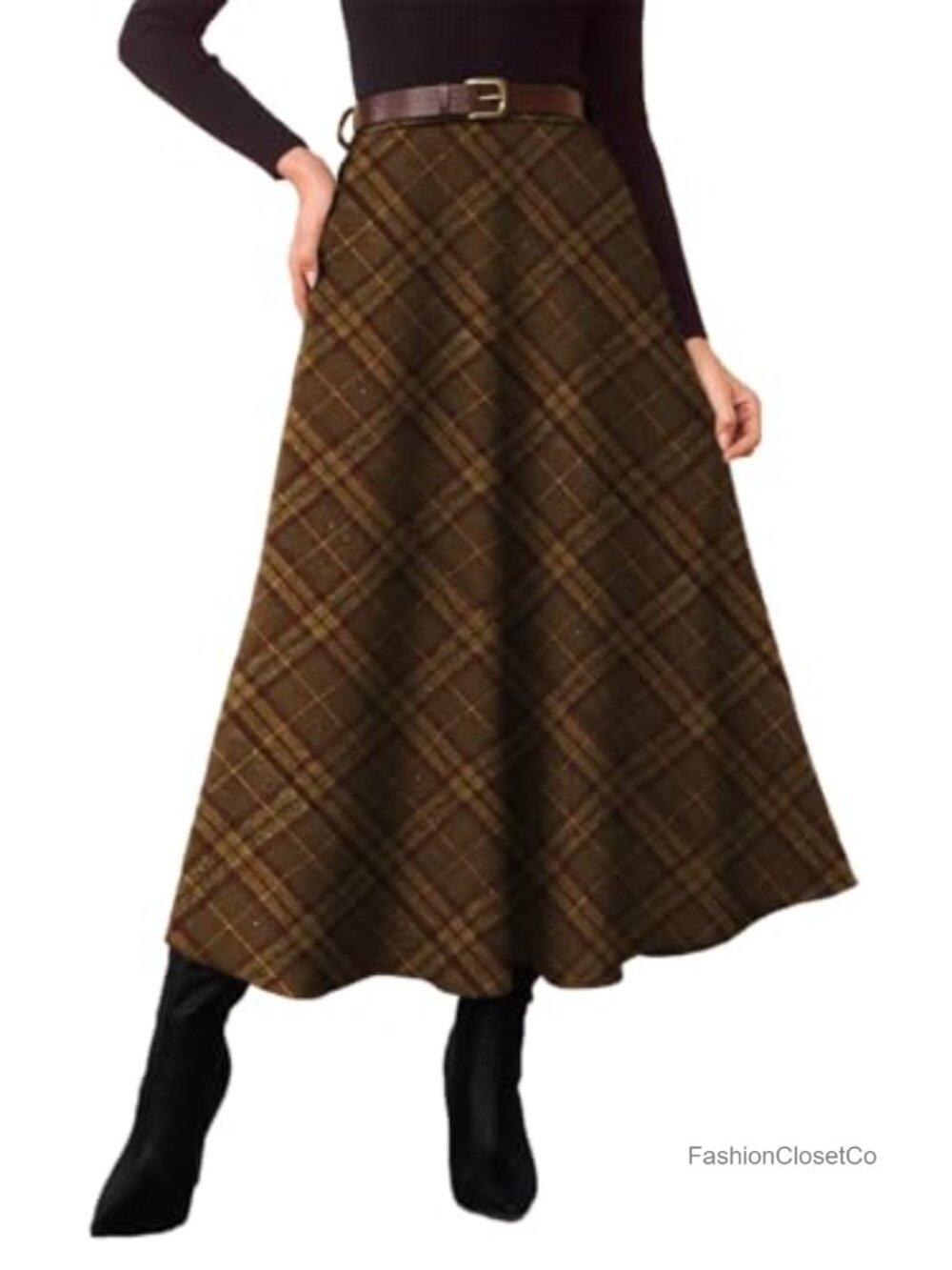 High Waist A-Line Plaid Tartan Midi Skirt with Pockets Women Flared